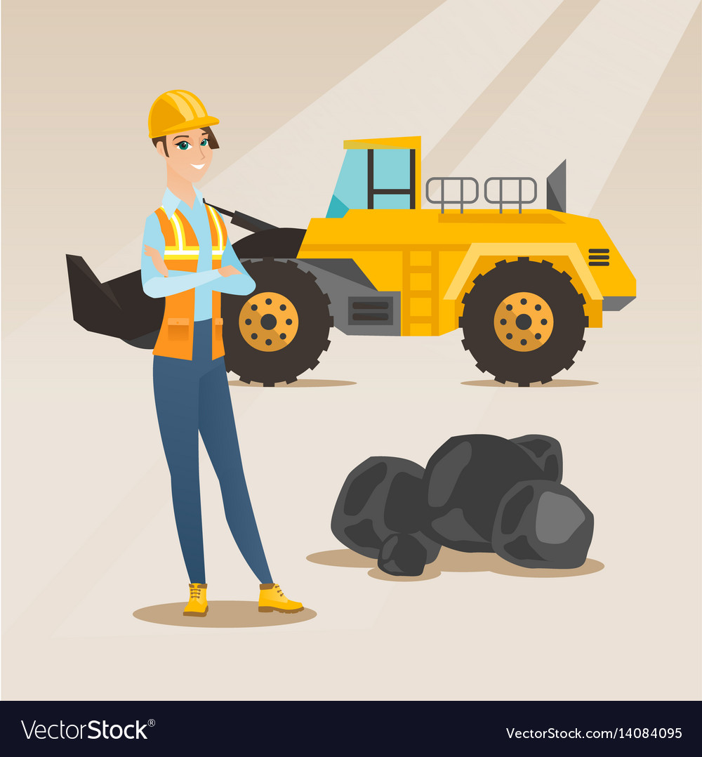 Miner with a big excavator on background Vector Image