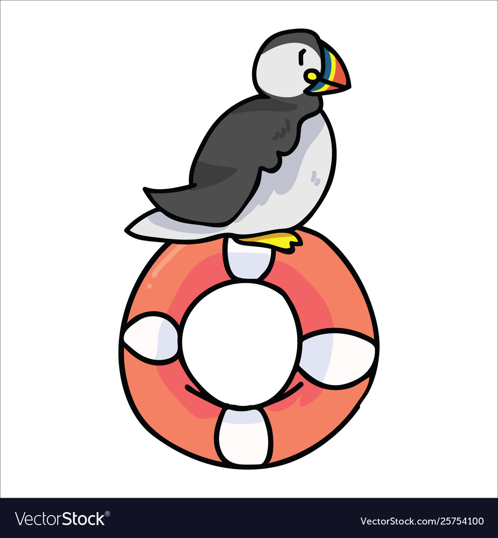 Cute puffin sitting on lifering cartoon Royalty Free Vector Cute puffin sitting on lifering cartoon Royalty Free Vector