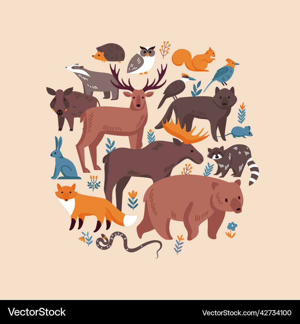 Forest animals circle composition Royalty Free Vector Image