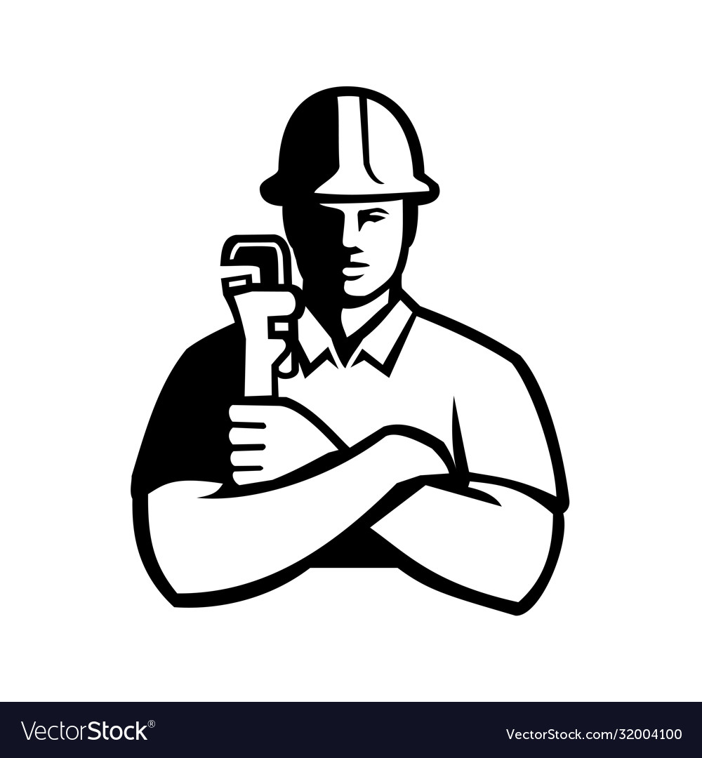 Pipefitter holding pipe wrench arms folded front Vector Image