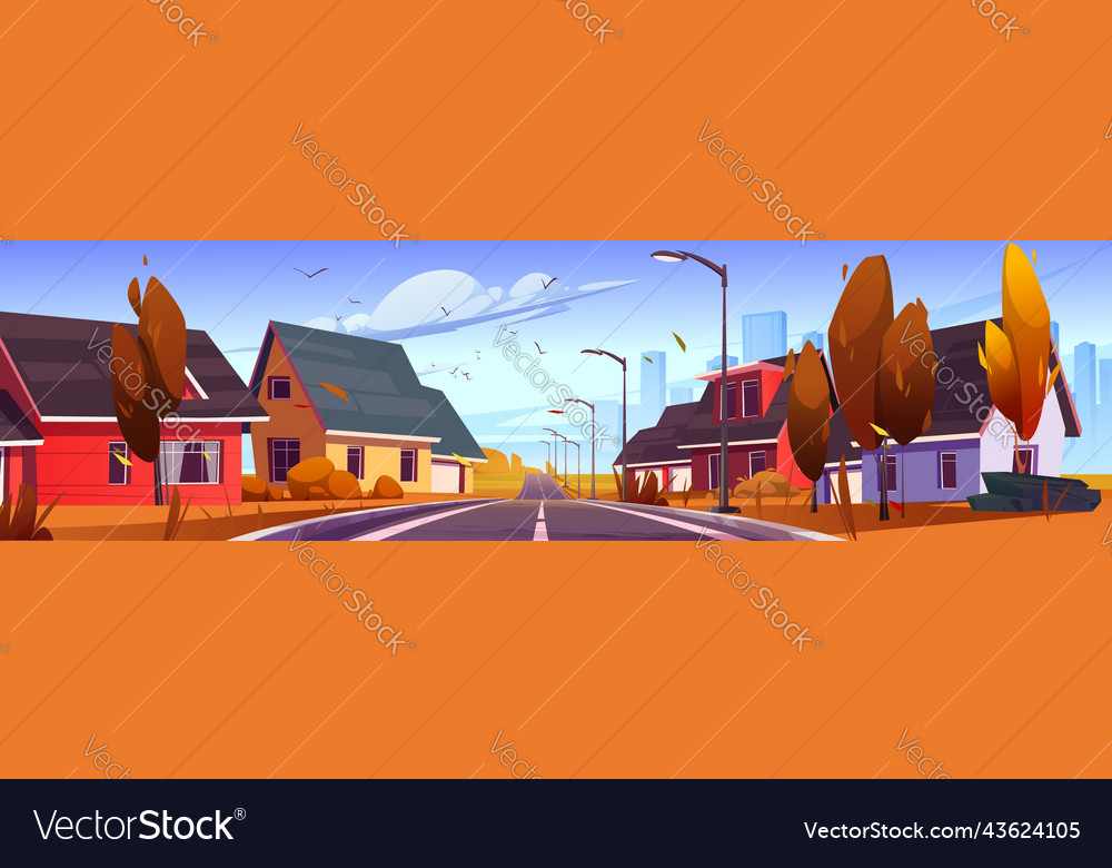 Autumn suburban district with cottages stand road Vector Image