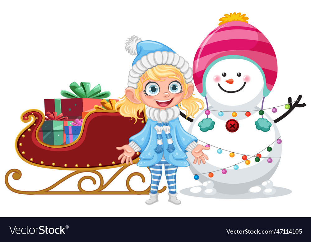 Happy girl with snowman Royalty Free Vector Image