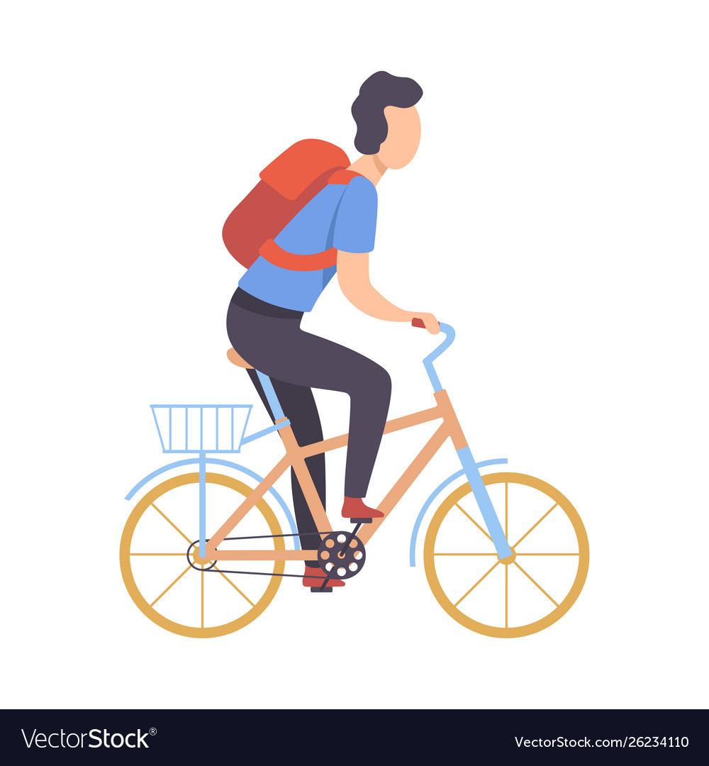 Young Man With Backpack Riding Bicycle Cycling Vector Image