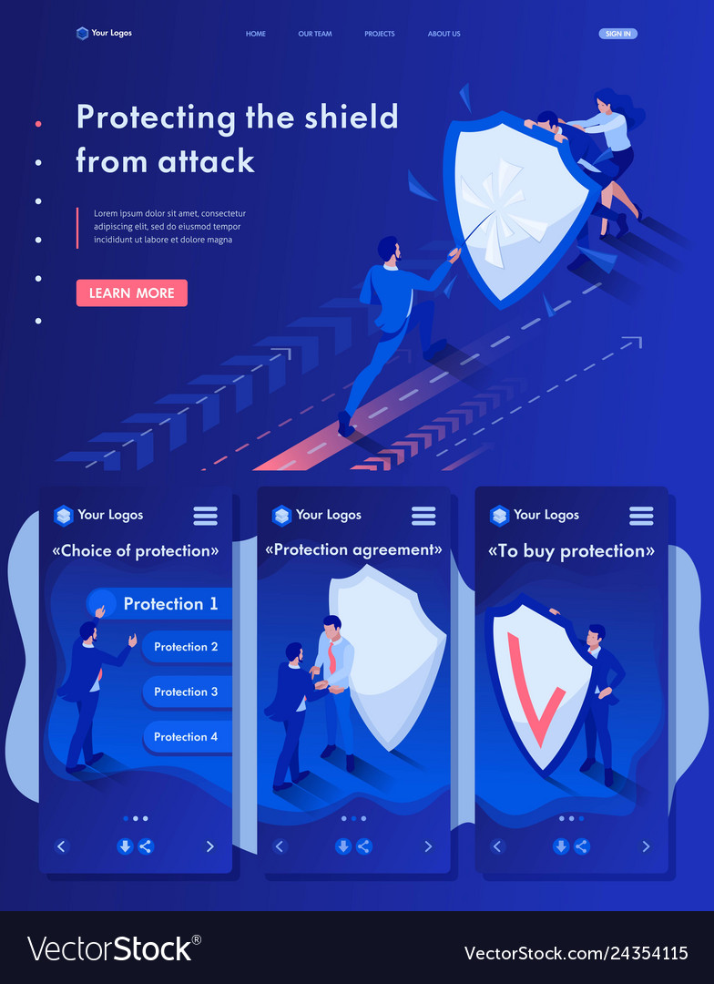 Isometric businessman attack a shield