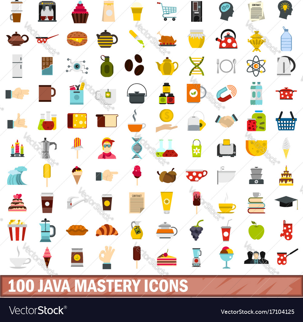 100 java mastery icons set flat style Royalty Free Vector