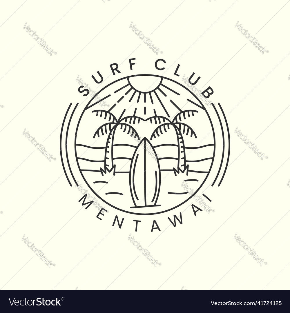 Surf club mentawai beach with emblem and line art