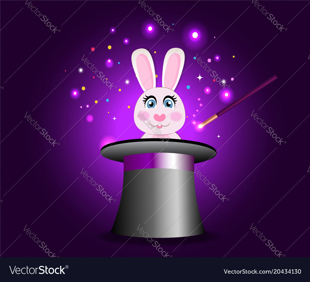 Bunny in magic hat with wand on violet sparkling Vector Image