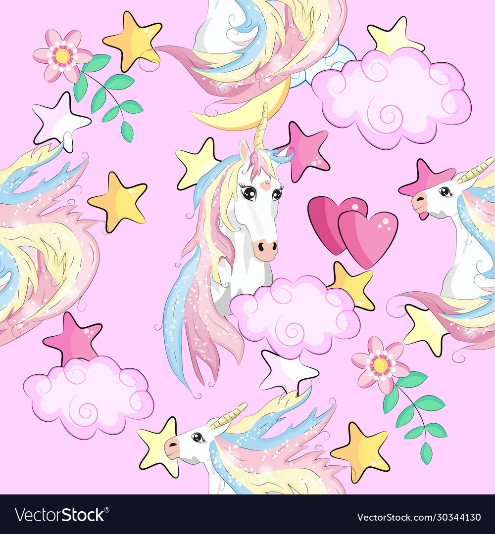 Pattern with cute unicorns cloudsrainbow