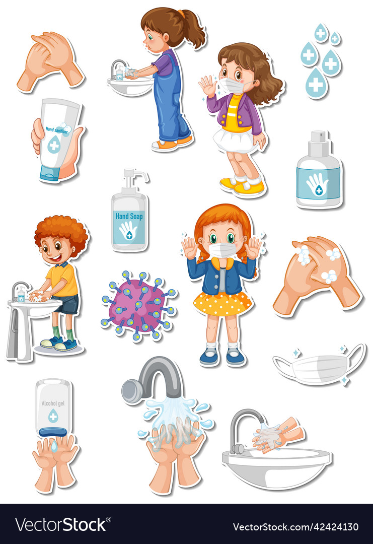 Sticker set of covid19 and cartoon characters Vector Image