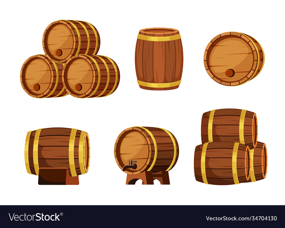 Wooden barrels set brown containers for storing Vector Image