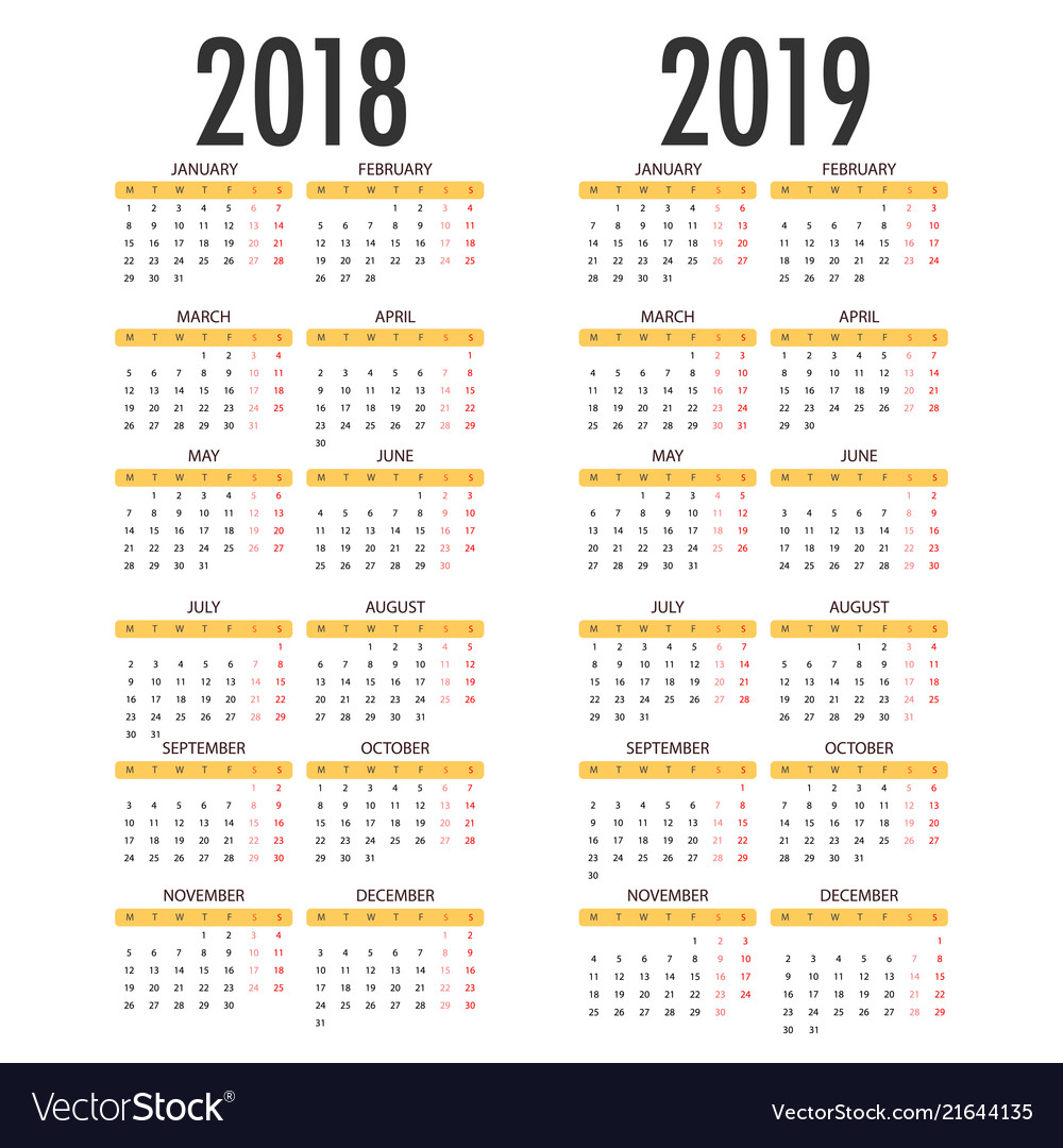 Calendar for 2018 2019 on white background