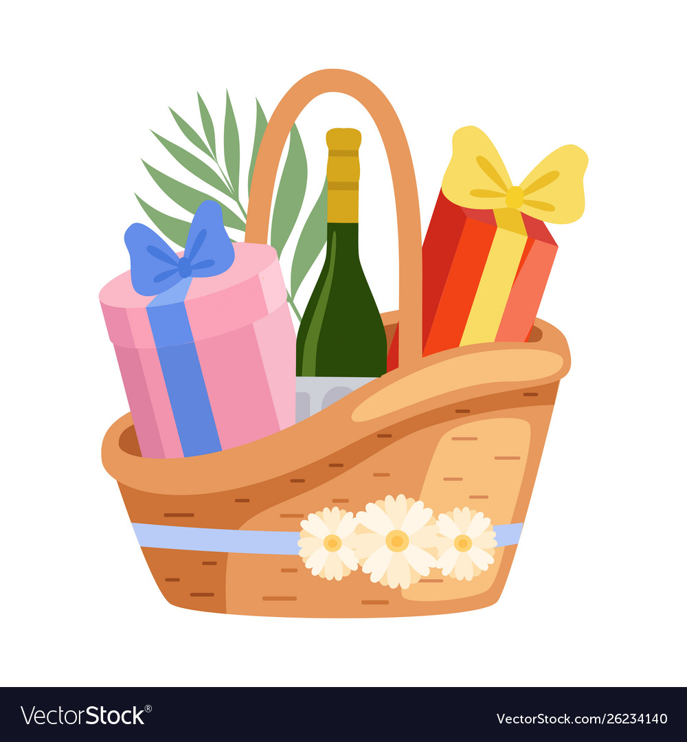 Present basket full gifts and alcohol bottle Vector Image