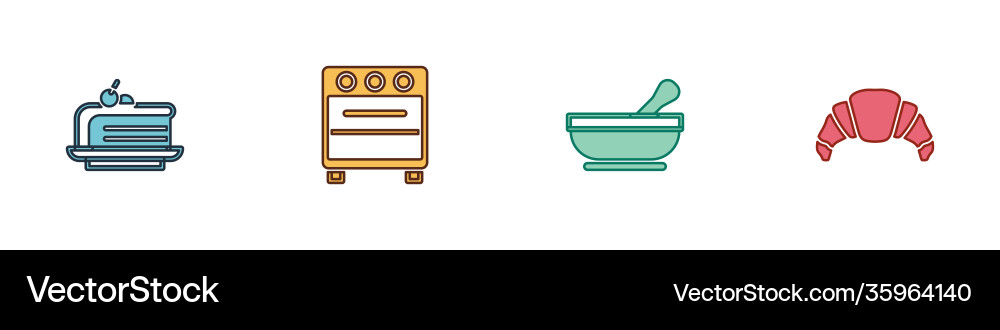 Set piece cake oven mortar and pestle Royalty Free Vector