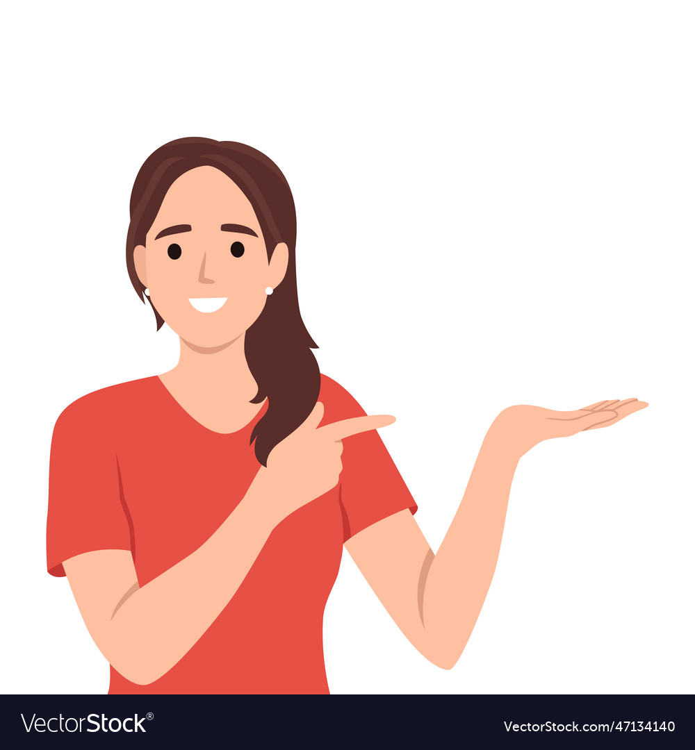 Smiling young woman point up at good deal Vector Image