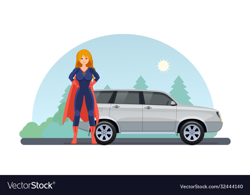 Woman superhero near road with car near drive Vector Image Woman superhero near road with car near drive Vector Image