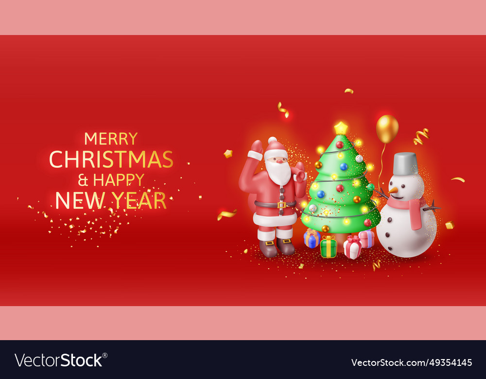 3d santa claus with snowman and christmas tree