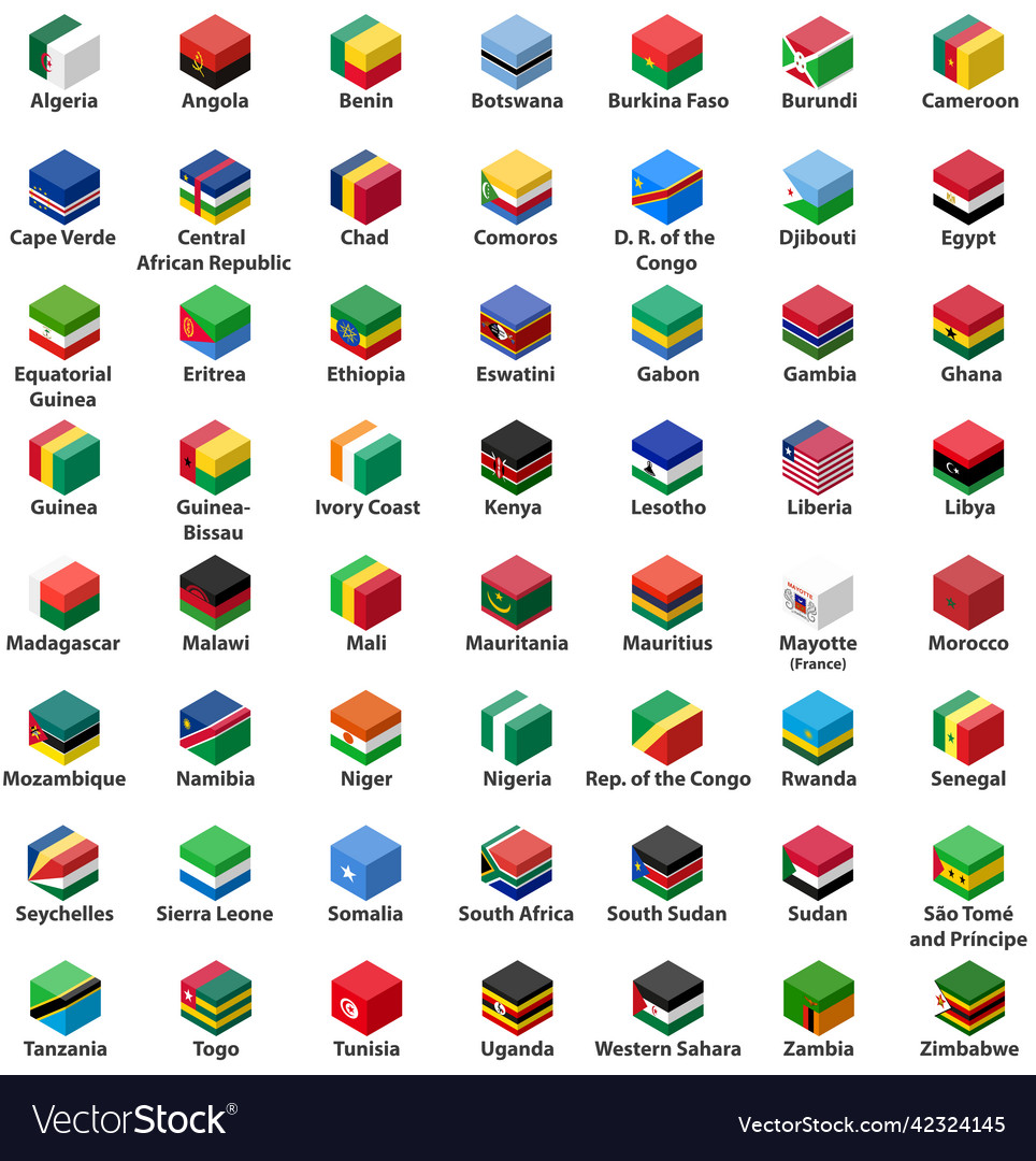 All african countries flags in isometric top view