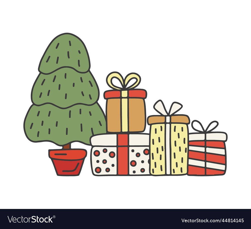 Christmas fir tree in pot decoration with gifts Vector Image