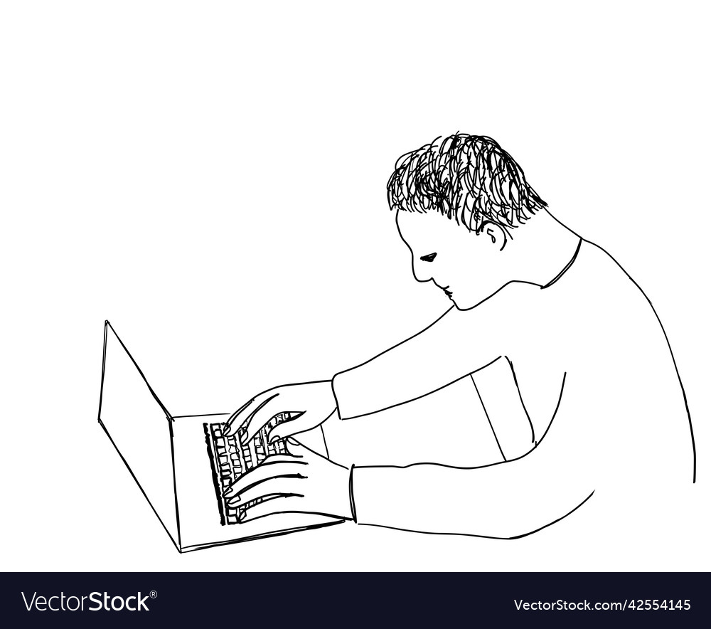 Sketch of man with computer hand drawn Royalty Free Vector
