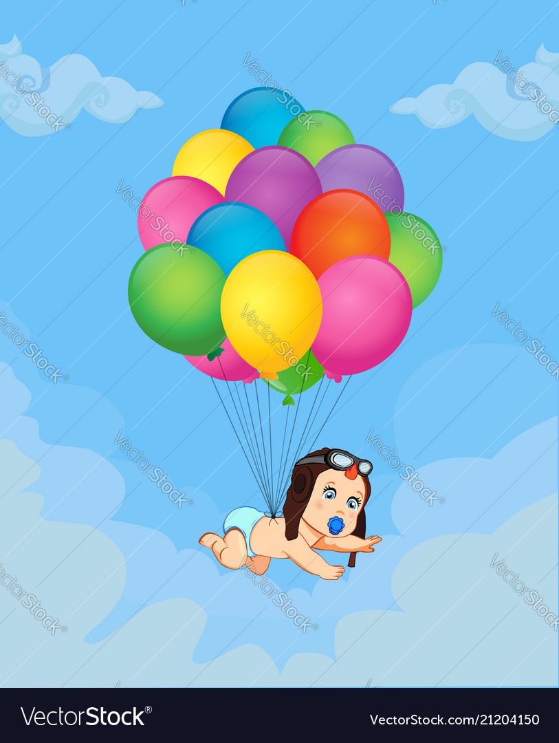 Cartoon with baby boy flying on bunch of balloons