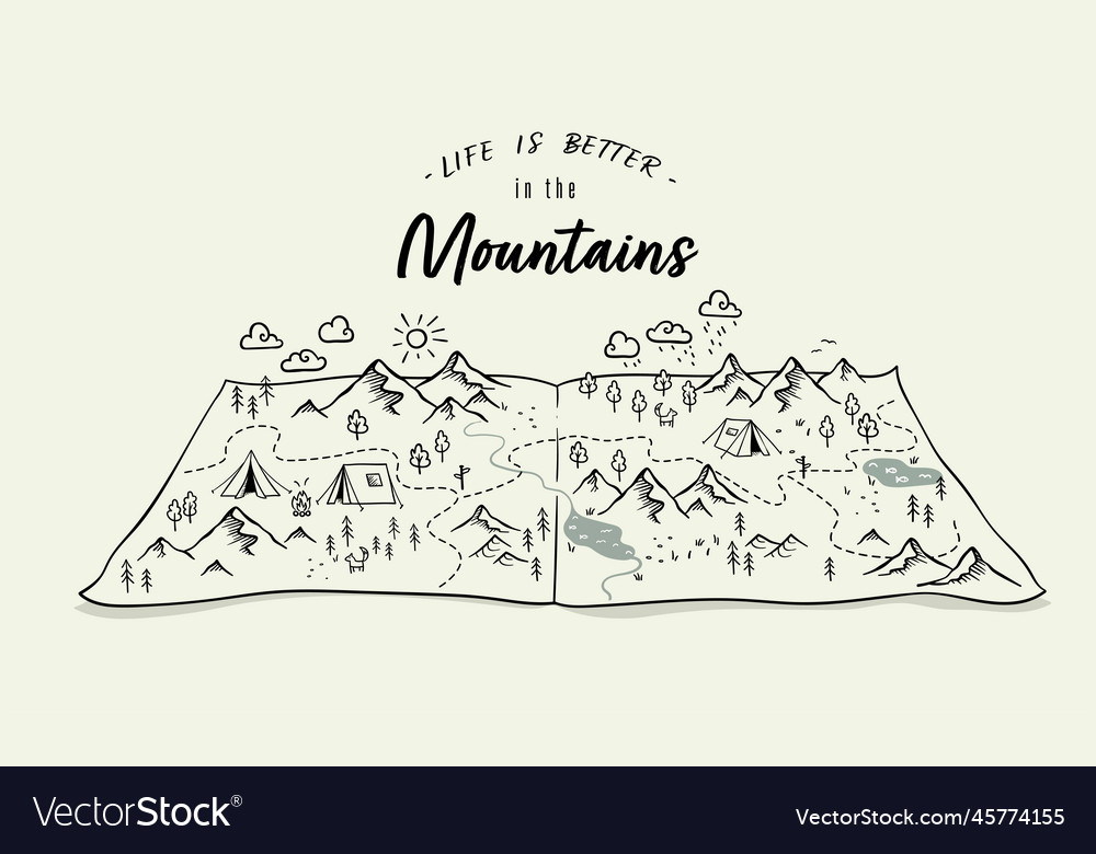 Cute hand drawn map with mountains tents trees Vector Image