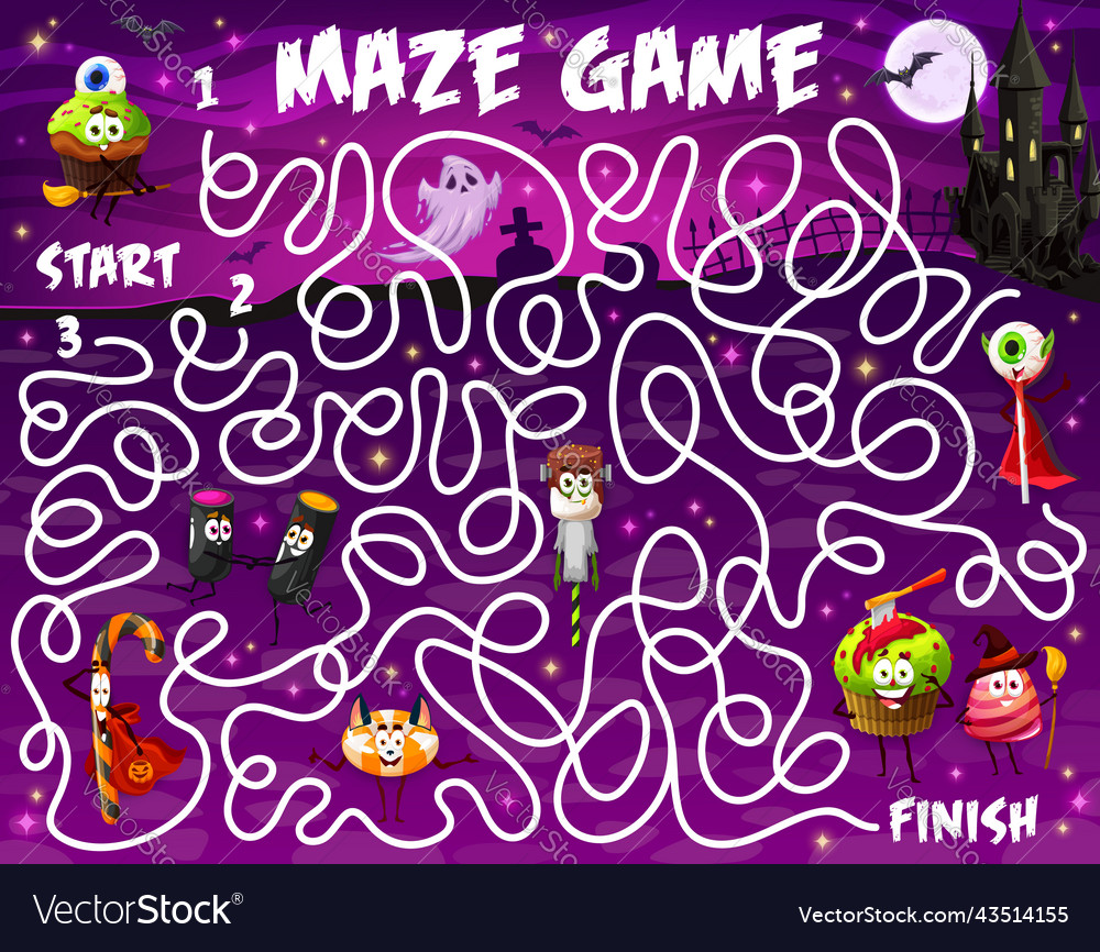 Labyrinth maze game cartoon halloween candies Vector Image