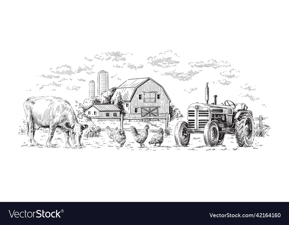 Farm hand drawing sketch engraving vector image Farm hand drawing sketch engraving
