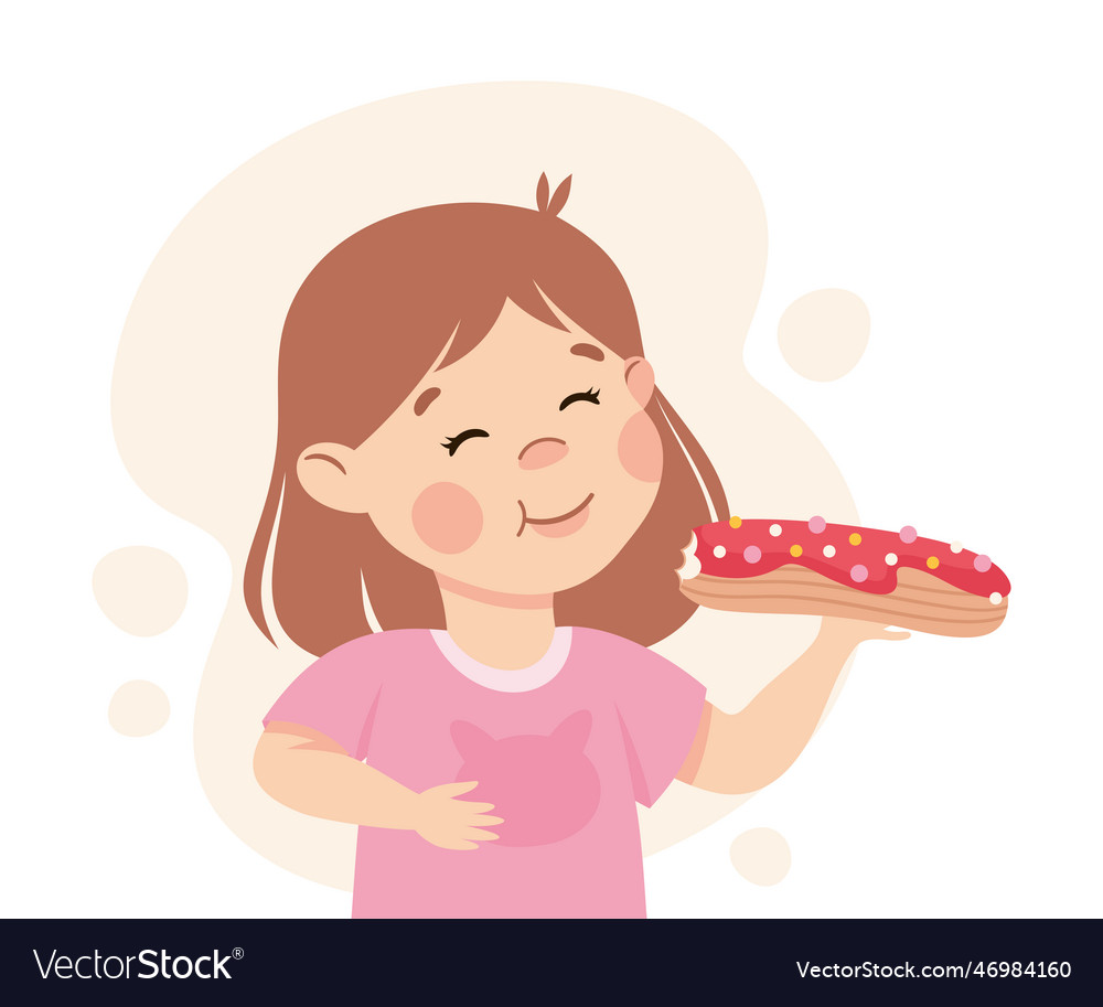 Funny girl character eating eclair showing like