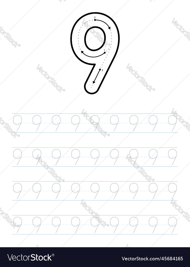 Trace number 9 worksheet for kids Royalty Free Vector Image