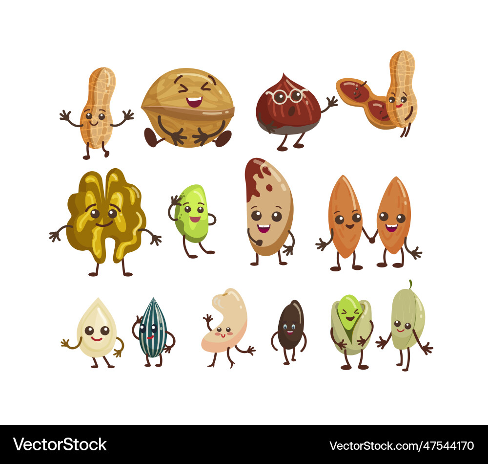 Cute nut characters flat icon set Royalty Free Vector Image
