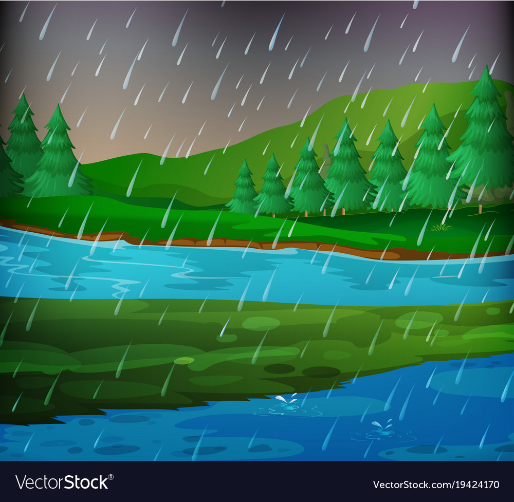 River scene on rainy day Royalty Free Vector Image