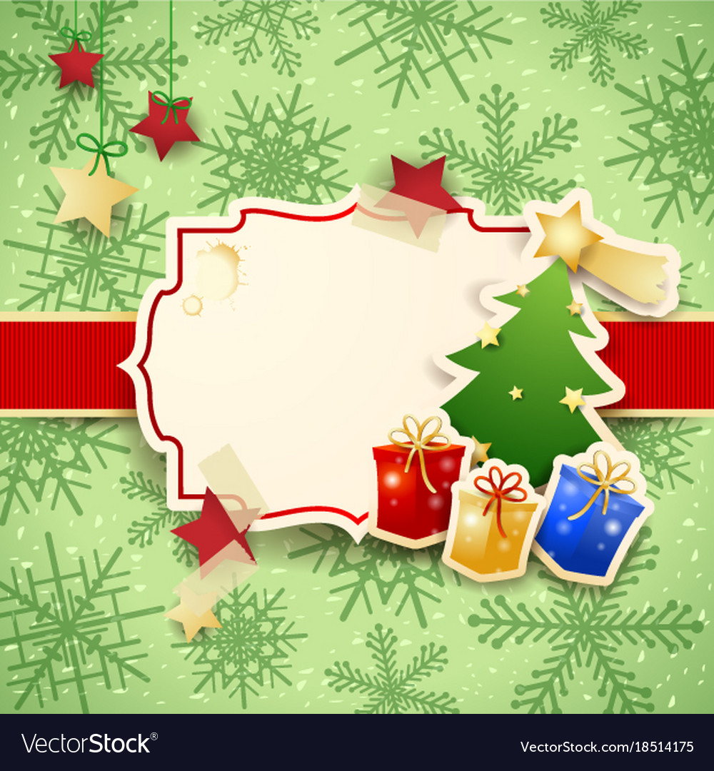 Christmas background with label tree and gifts