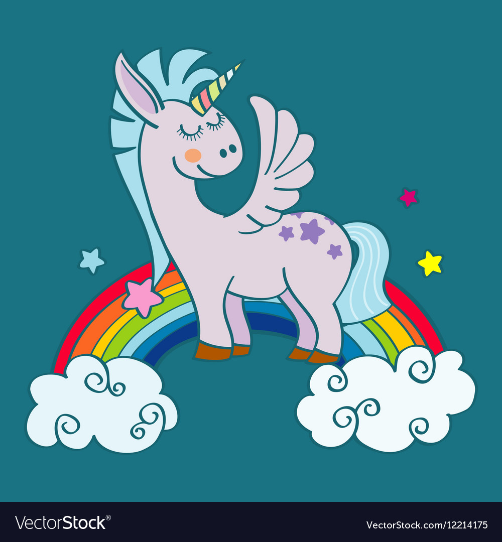 Hand drawn winged unicorn on rainbow Royalty Free Vector