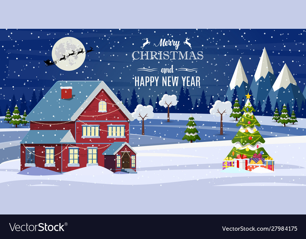 Santa claus flies over house in snow Royalty Free Vector