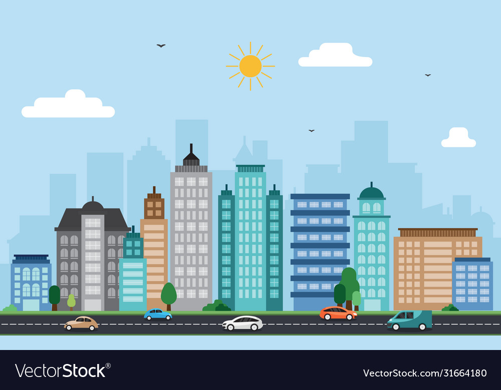 City cityscape skyline landmark building traffic Vector Image