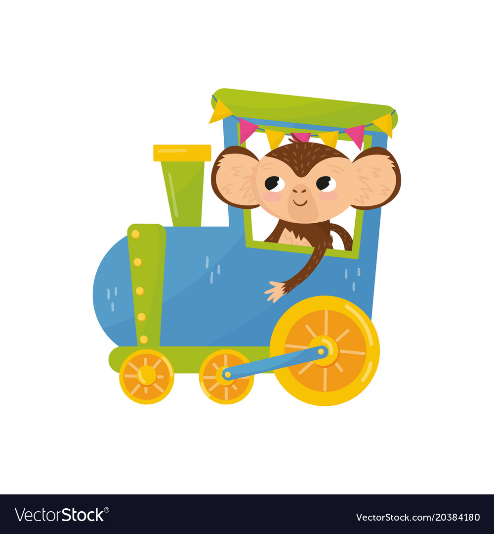 Funny tropical monkey on colorful train cartoon Vector Image