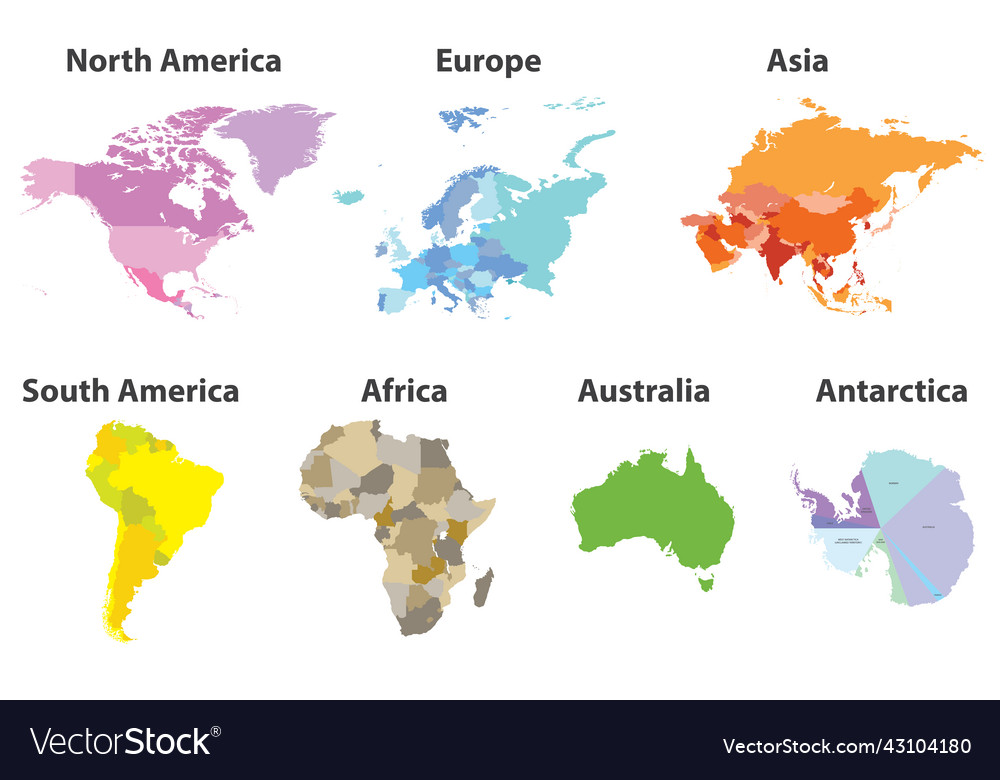 Set of all continents political maps isolated