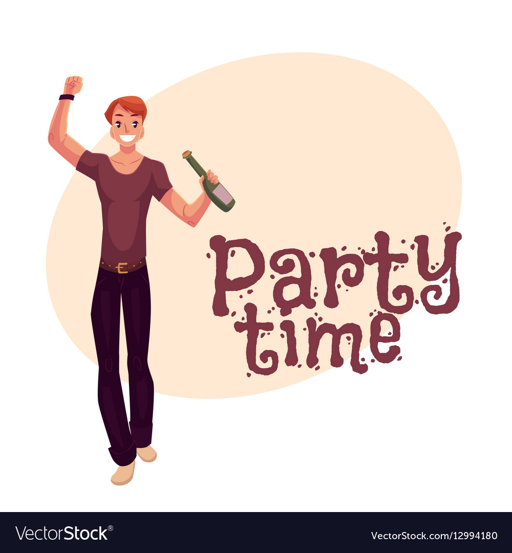 Young man dancing with beer bottle at party night