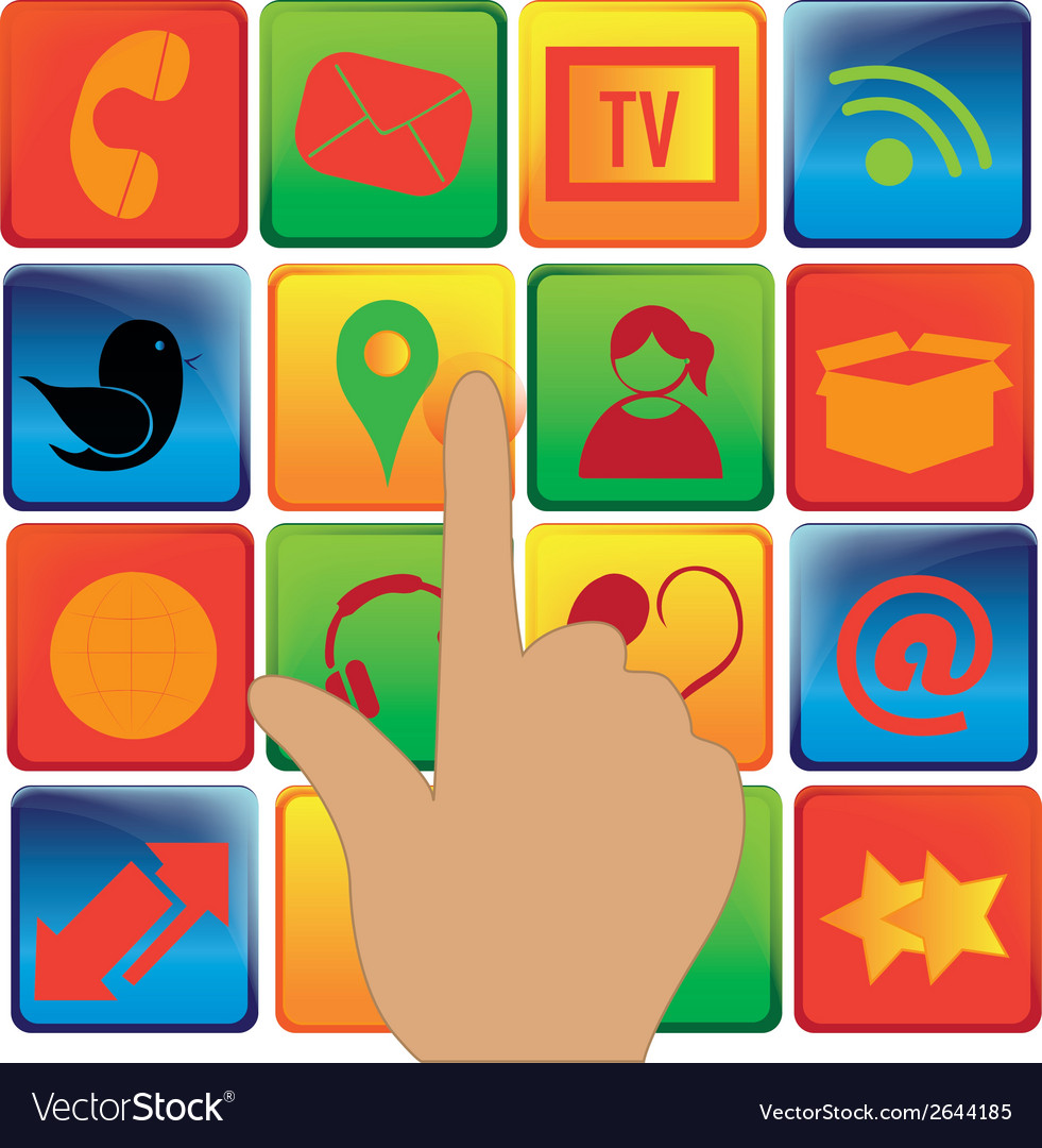 A lot colored icons for social media with hand