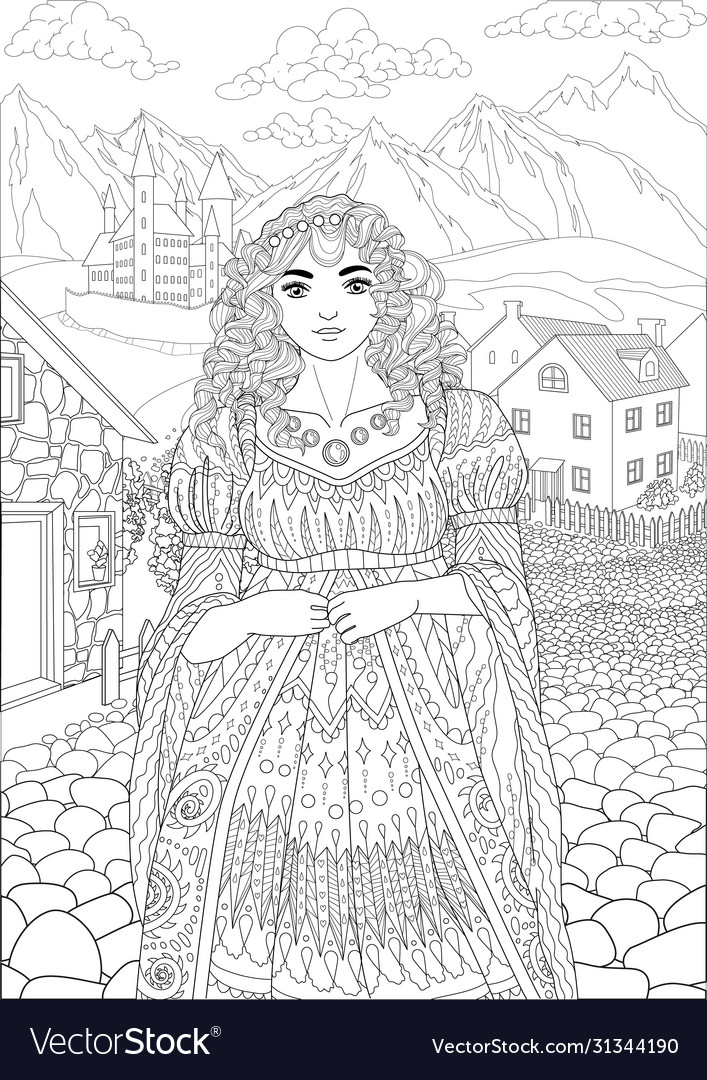 Coloring book for adults with beautiful princess