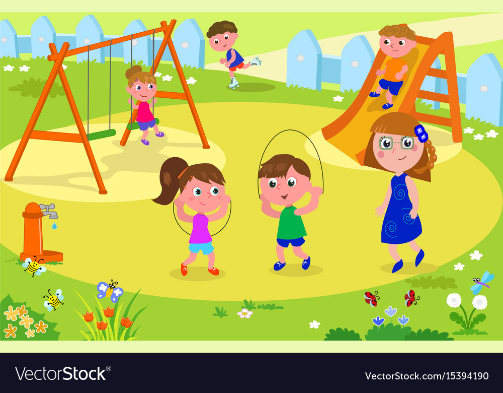 Group of children playing in a playground with a teacher or mother looking ...