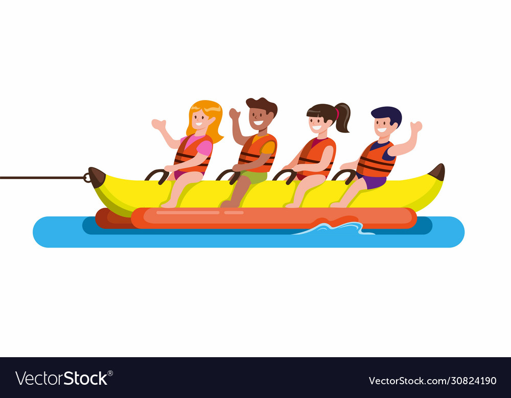 People ride on a banana boat water sport in beach Vector Image