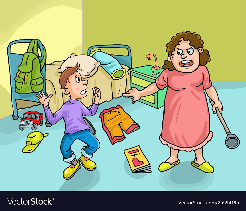 Angry Mother Looking At Messy Bedroom Vector Image