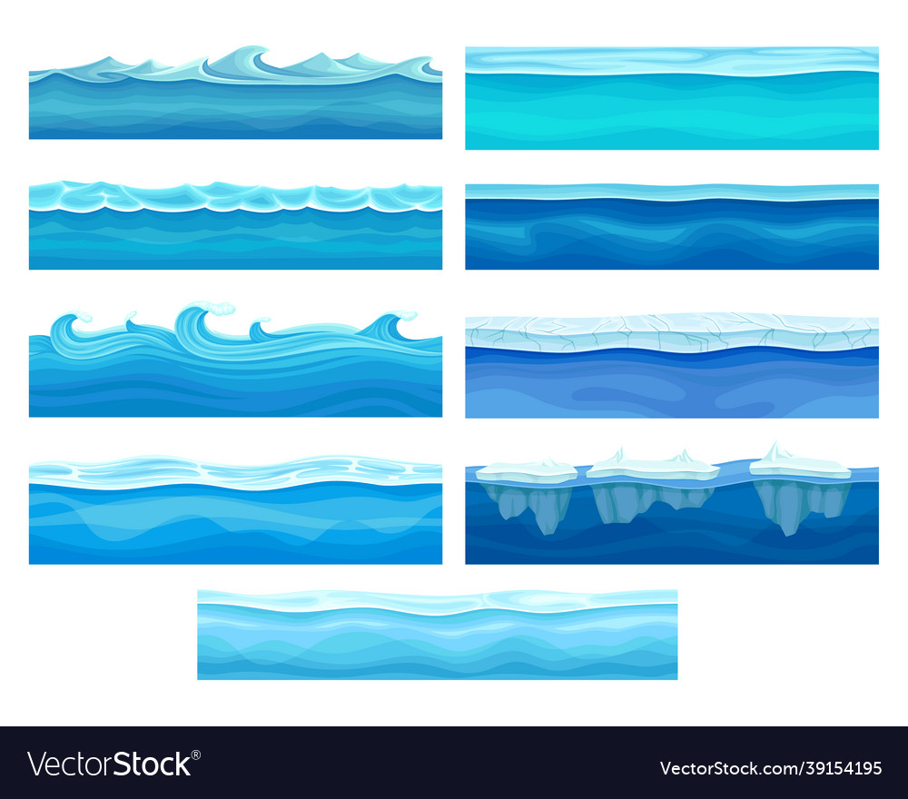 Blue water surface with ice and curved waves