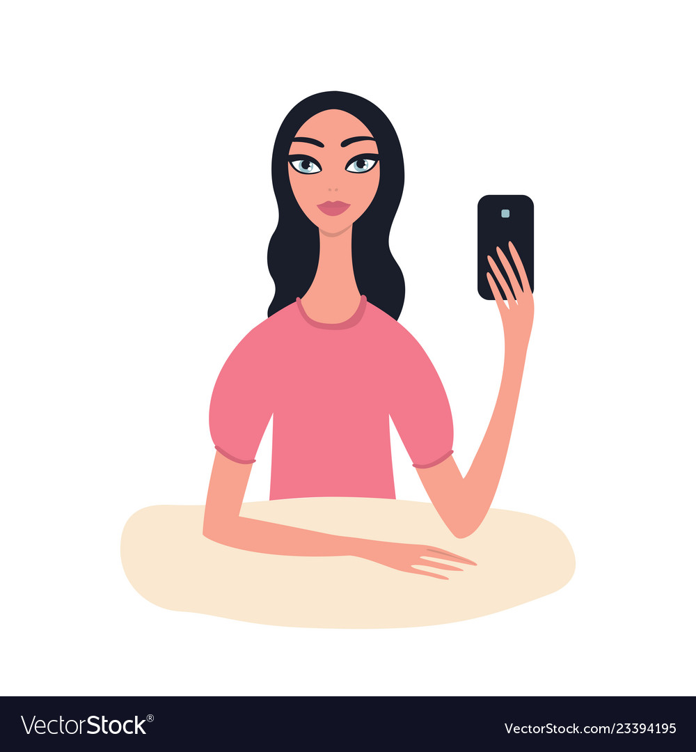 Lovely young girl with black wavy hair with phone Vector Image