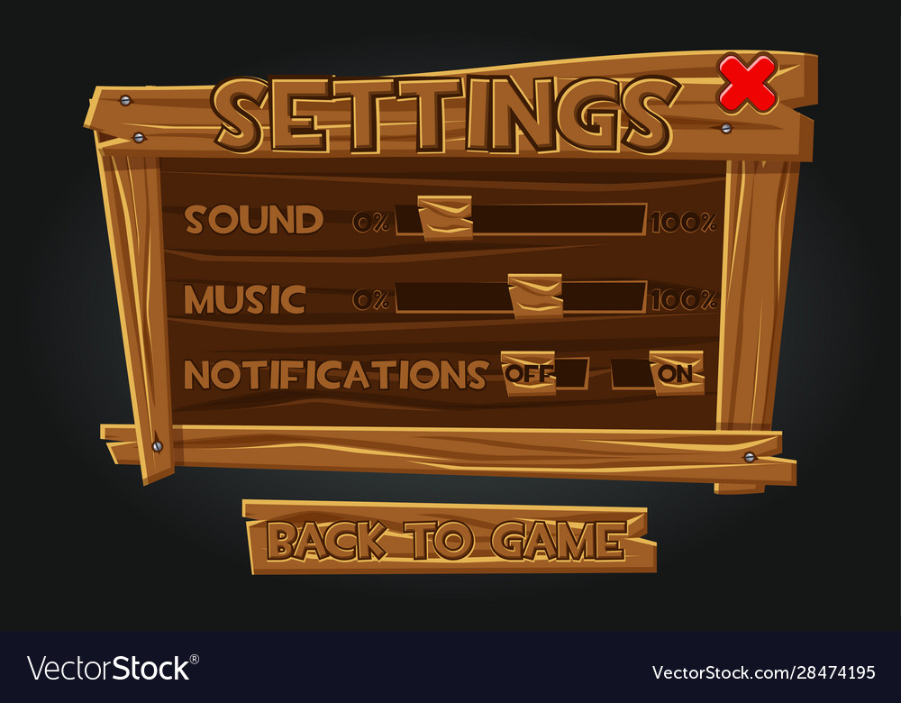 Wooden game graphic user interface settings Vector Image