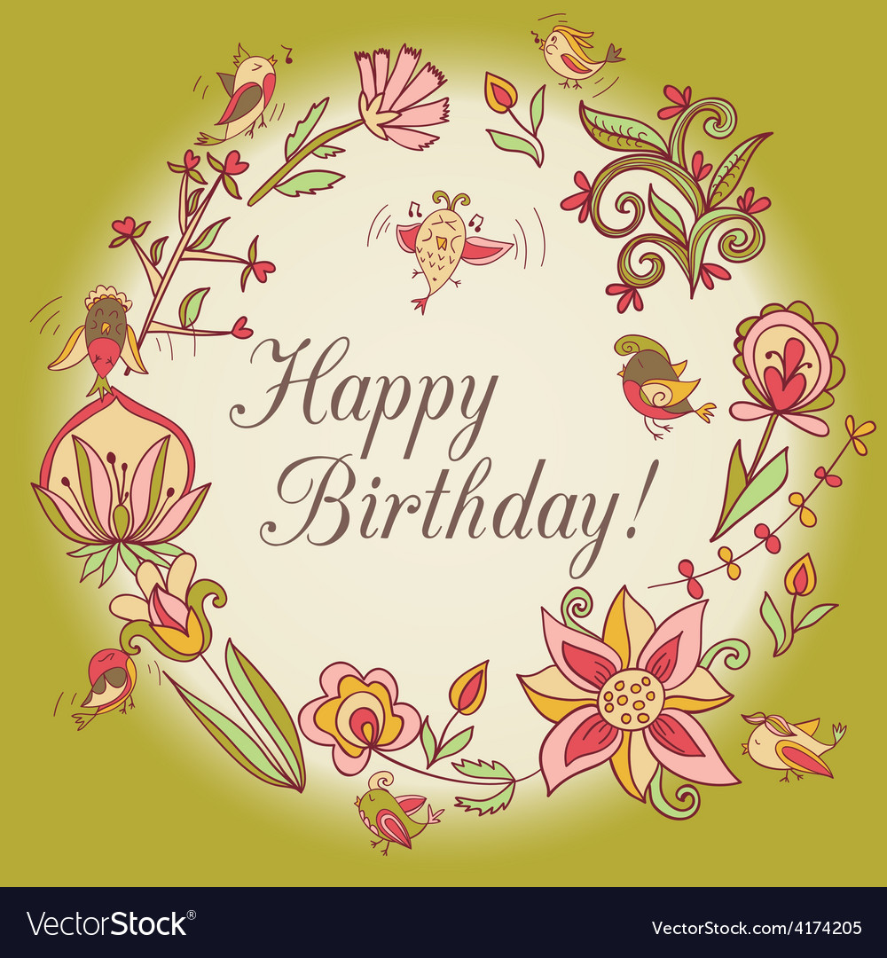 Happy birthday greeting card circle floral frame Vector Image