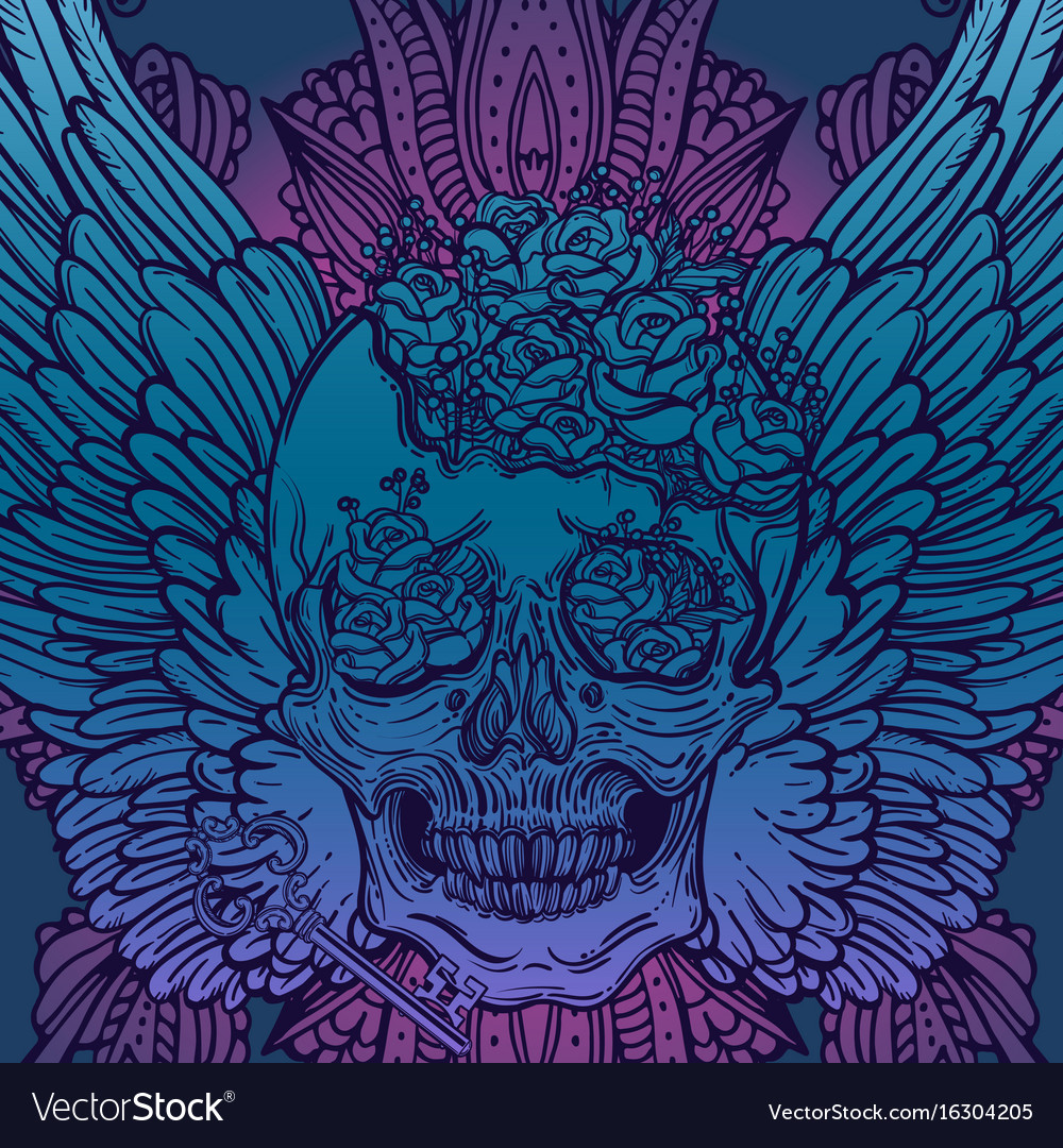 Line art of angel wings scary skull Royalty Free Vector