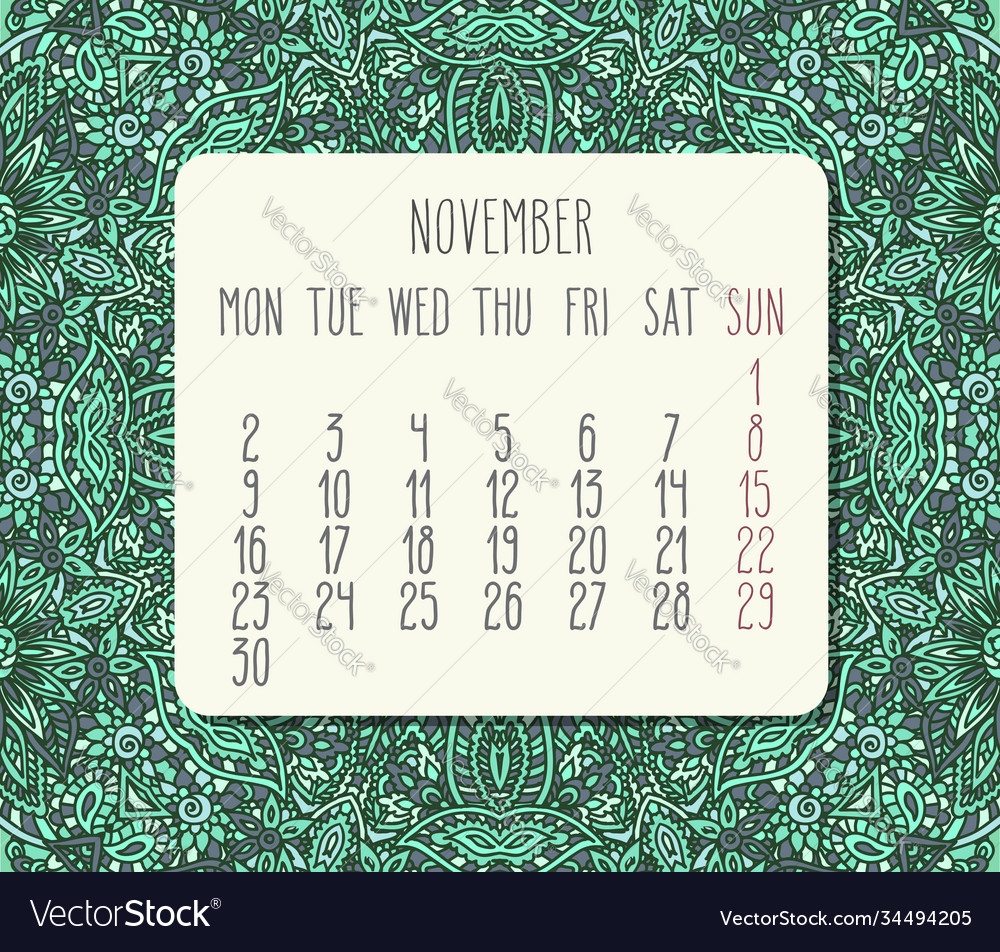 November year 2020 monthly doodle ornate calendar