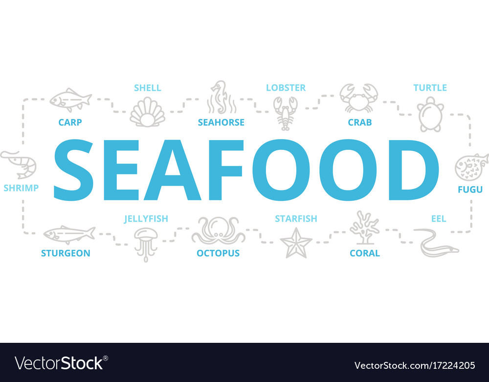 Seafood And Fish Thin Line Banner For Royalty Free Vector